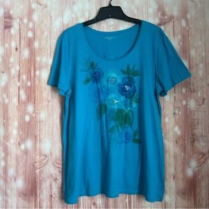 Laura Scott Blue Scoop Neck Floral Sequin Short Sleeve T Shirt Size XL